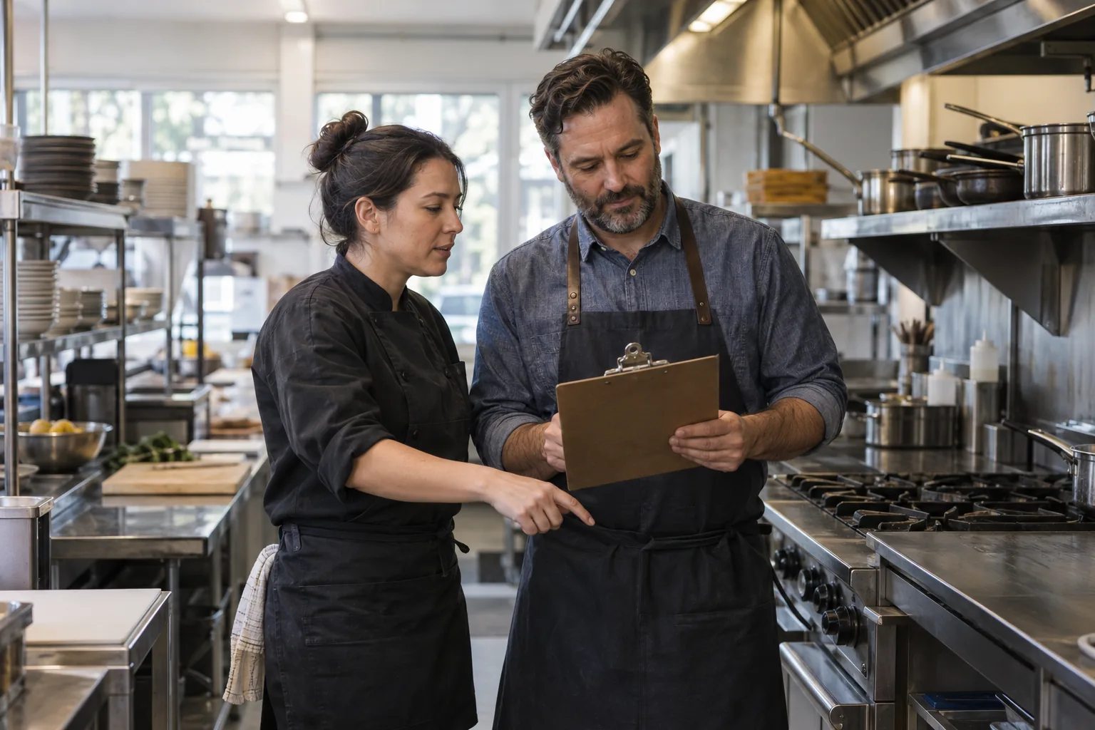 Two restaurant operators complete a kitchen readiness walkthrough.